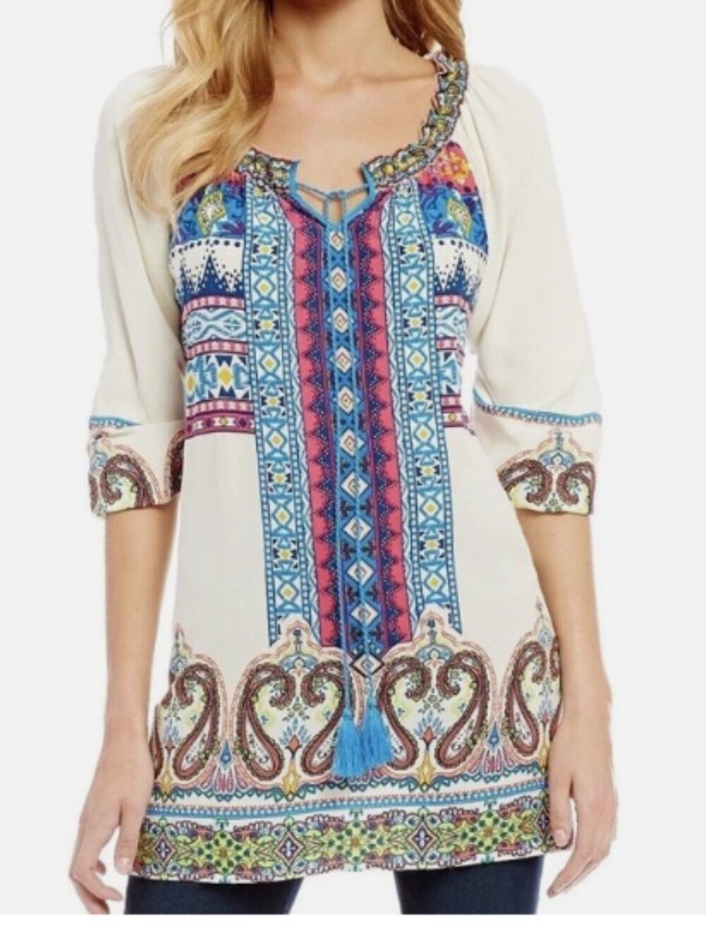 Ali Miles Size L Cream Boho Embroidery‑Style Print Tassel Tie Tunic Top Paisley